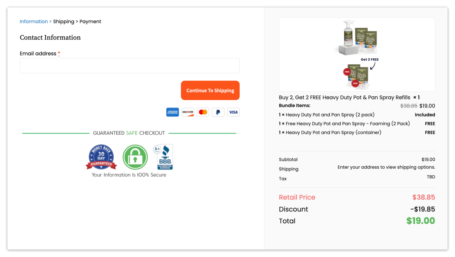 Pot And Pan Spray checkout page.